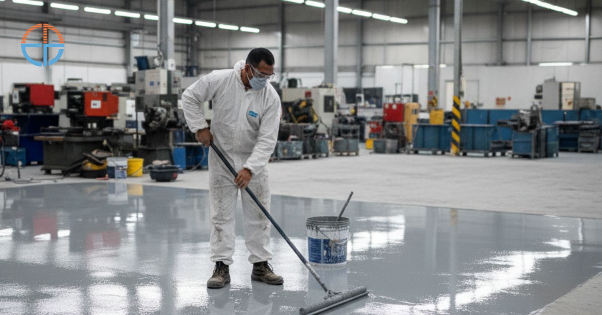 Proses pengecatan epoxy lantai pabrik di Samarinda dengan hasil rapi dan mengkilap.