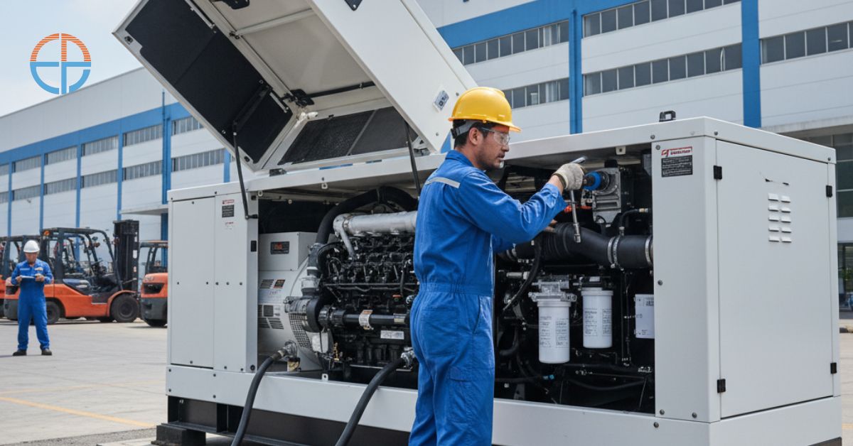 Teknisi sedang melakukan servis genset panggilan langsung di lokasi pelanggan.