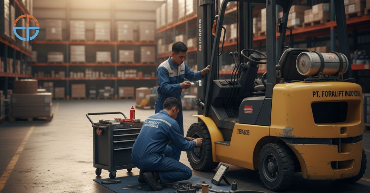 Teknisi melakukan servis forklift diesel di Bekasi dengan peralatan lengkap