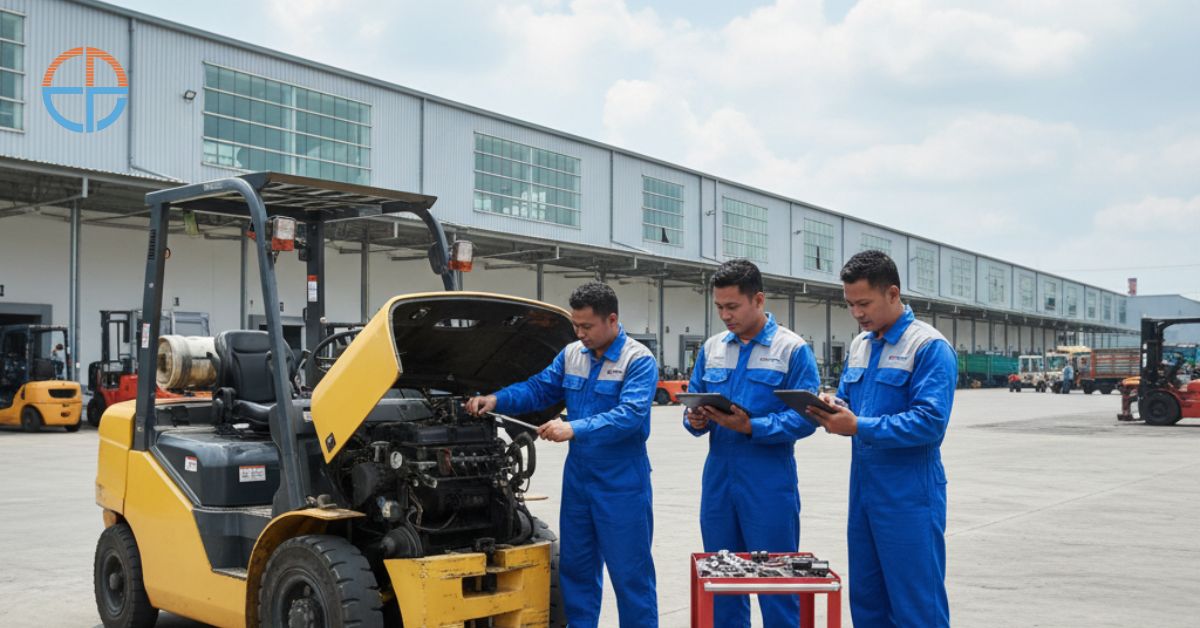 Proses servis forklift Jababeka dengan teknisi berpengalaman di kawasan industri.