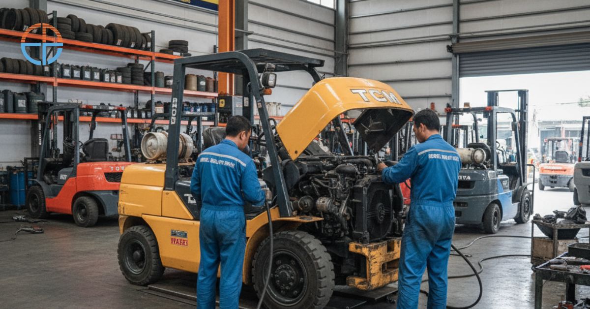 Forklift diesel diperbaiki di bengkel spesialis forklift Depok.