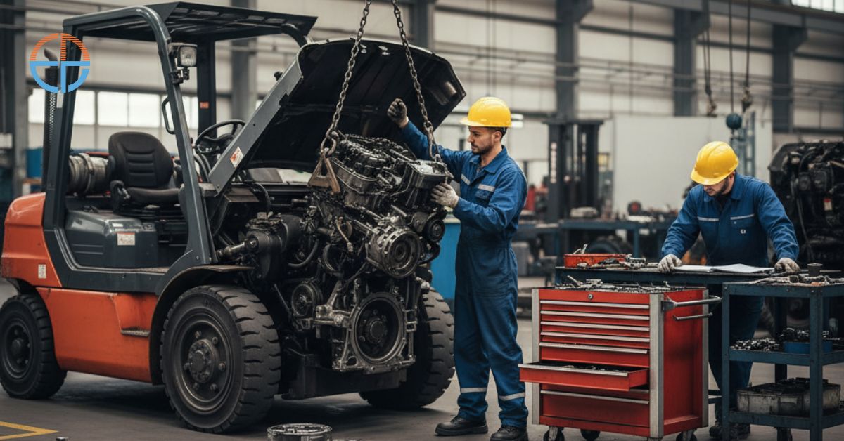 Mekanik melakukan overhaul forklift dengan penggantian komponen mesin