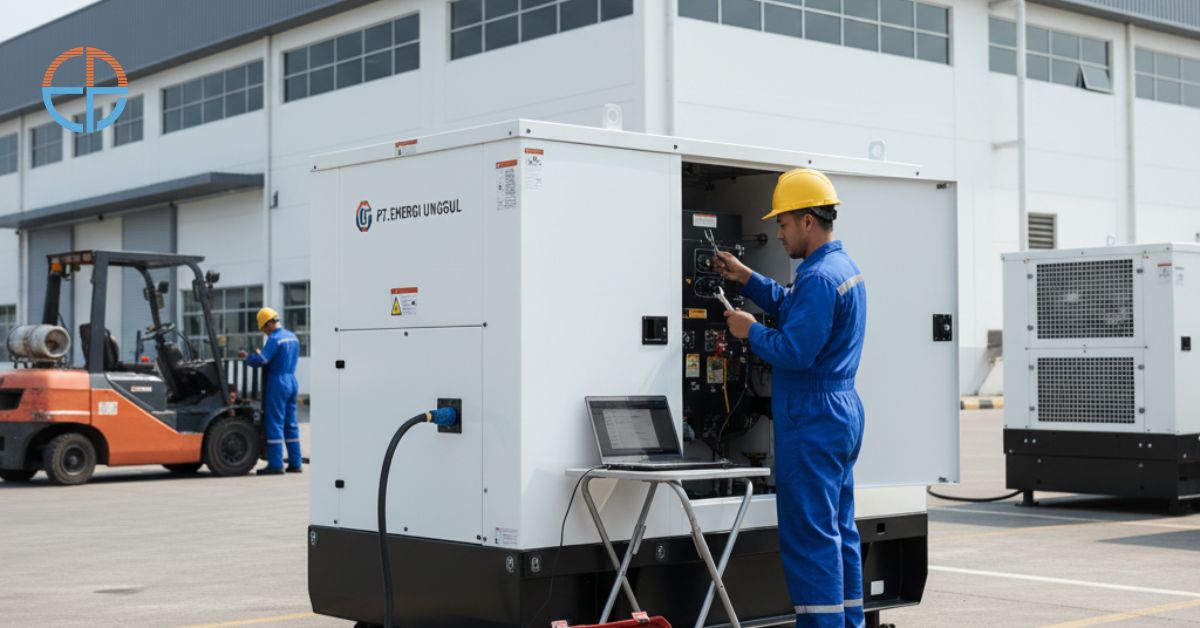 Teknisi melakukan jasa servis genset Jakarta dengan peralatan lengkap di lokasi pelanggan.