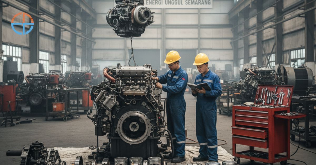 Proses overhaul genset diesel di bengkel genset Semarang.