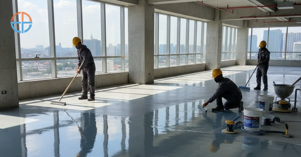 Pekerja profesional sedang mengaplikasikan cat epoxy pada lantai gedung di Jakarta Pusat, hasil akhir tampak mengkilap, kuat, dan tahan lama dengan peralatan kerja lengkap dan pencahayaan alami.