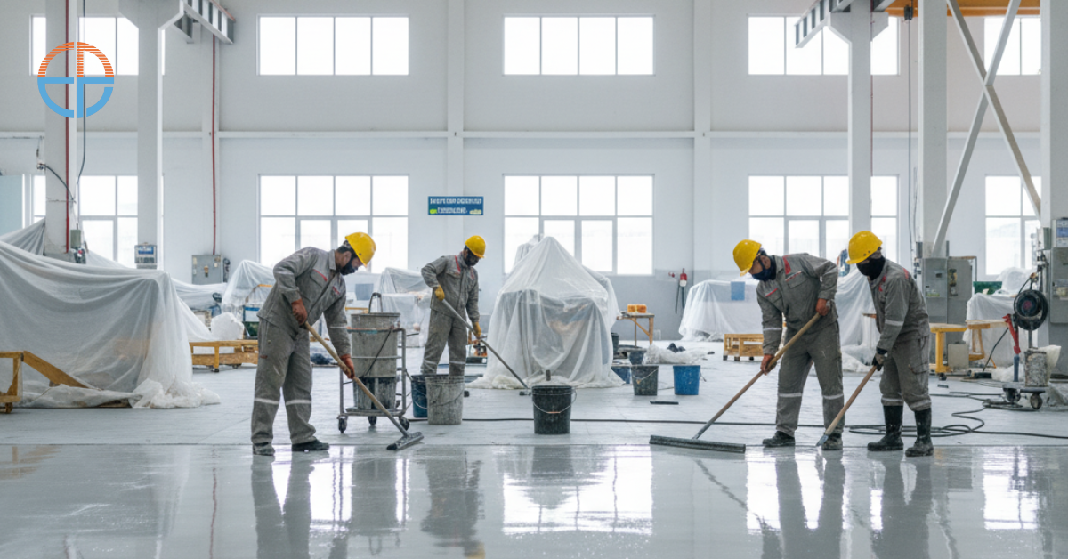 Pekerja profesional sedang mengaplikasikan cat epoxy lantai di area pabrik Jakarta Timur, lantai tampak mengkilap dan bersih dengan hasil finishing rapi dan tahan lama.