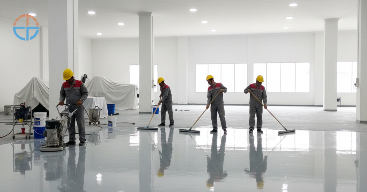 Pekerja profesional sedang mengaplikasikan cat epoxy lantai di area pabrik modern di Jakarta Barat, lantai terlihat mengkilap, rapi, dan tahan lama setelah proses coating selesai.