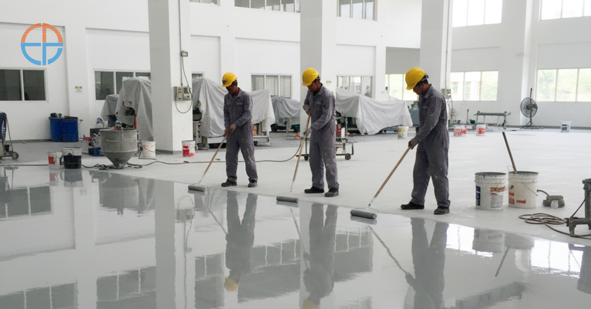 Teknisi profesional sedang mengaplikasikan cat epoxy lantai di pabrik area Tangerang, menggunakan alat roller dan perlengkapan lengkap, hasil lantai tampak mengkilap, halus, dan bersih setelah proses coating selesai.