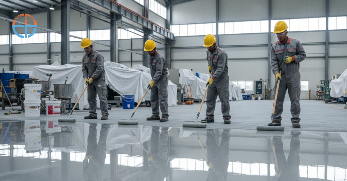 Teknisi sedang mengaplikasikan cat epoxy di lantai pabrik kawasan industri Karawang, menggunakan roller dan alat pelindung lengkap, hasil lantai tampak mengkilap dan halus.