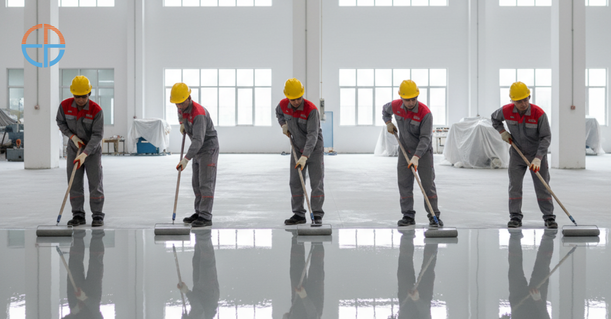Pekerja profesional sedang mengaplikasikan cat epoxy lantai di area pabrik Bogor, menggunakan alat roller dan pelindung lengkap, permukaan lantai tampak mengkilap dan rapi setelah proses finishing.