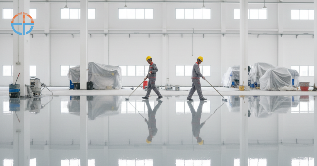 Pekerja profesional sedang mengaplikasikan cat epoxy lantai di area pabrik Semarang, menggunakan alat roller dan perlengkapan safety lengkap, menghasilkan permukaan lantai mengkilap, rapi, dan tahan lama.