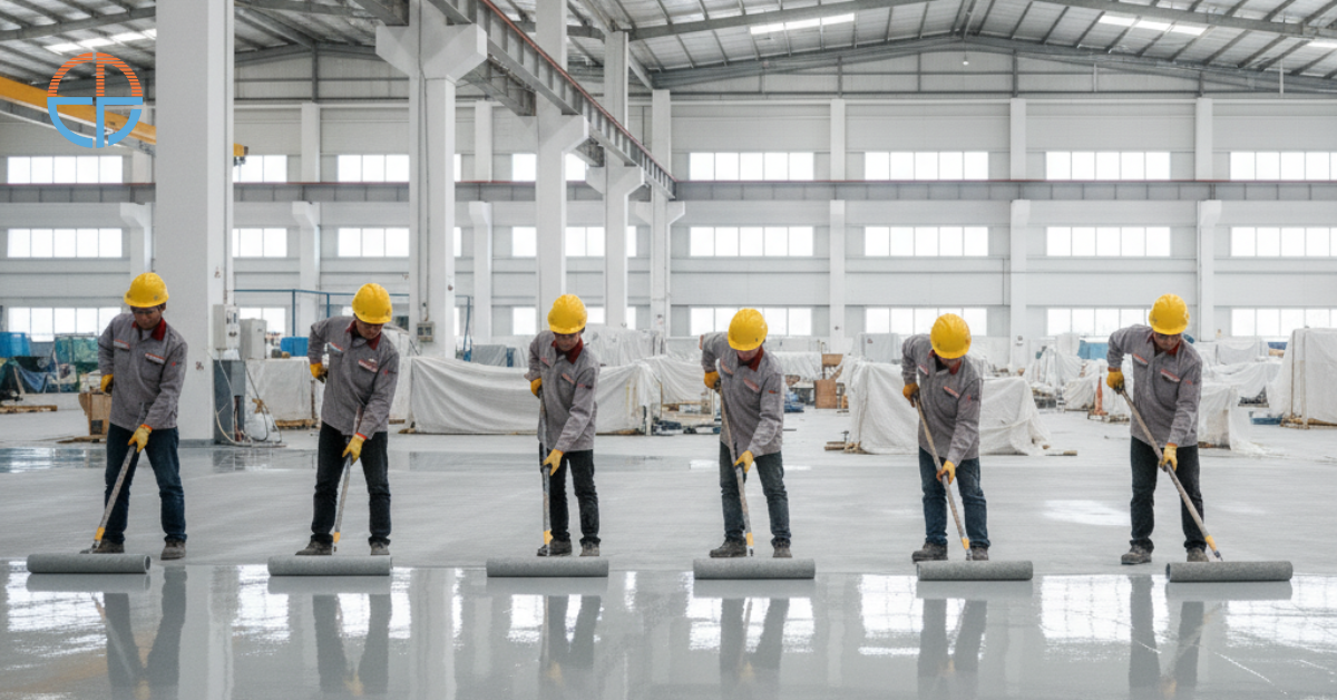 Teknisi profesional sedang mengaplikasikan cat epoxy lantai di area pabrik Gresik, permukaan lantai tampak halus, mengkilap, dan kuat setelah proses coating selesai.