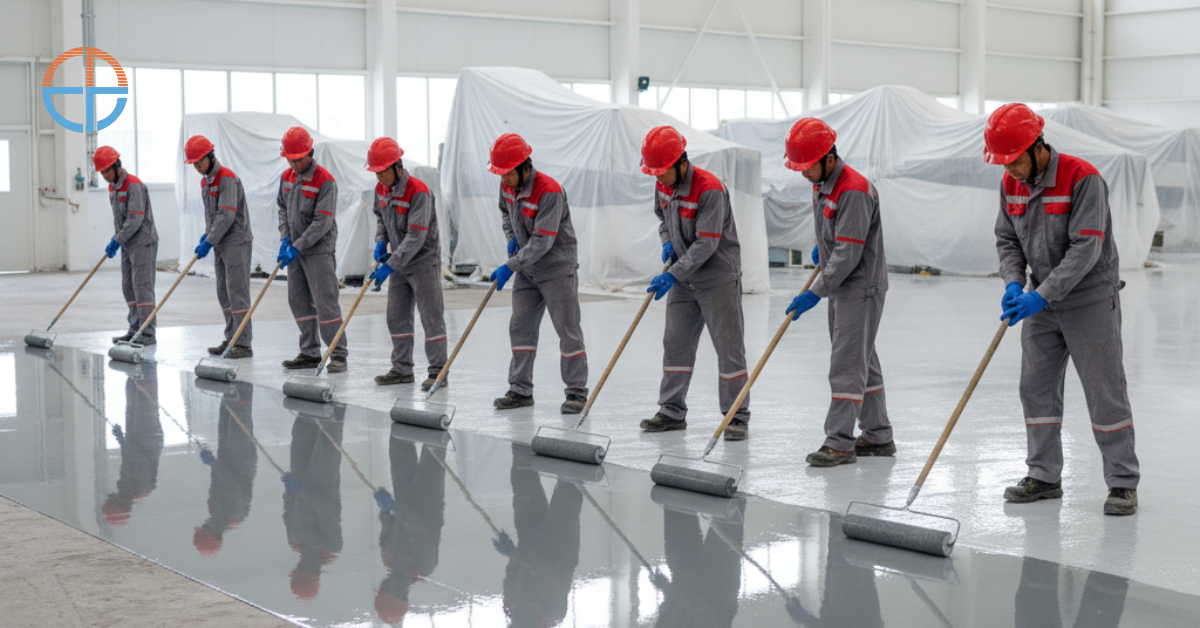 Teknisi profesional sedang mengaplikasikan cat epoxy di lantai pabrik di Pekanbaru, hasil akhir tampak mengkilap, halus, dan rapi dengan perlindungan kuat terhadap beban berat.