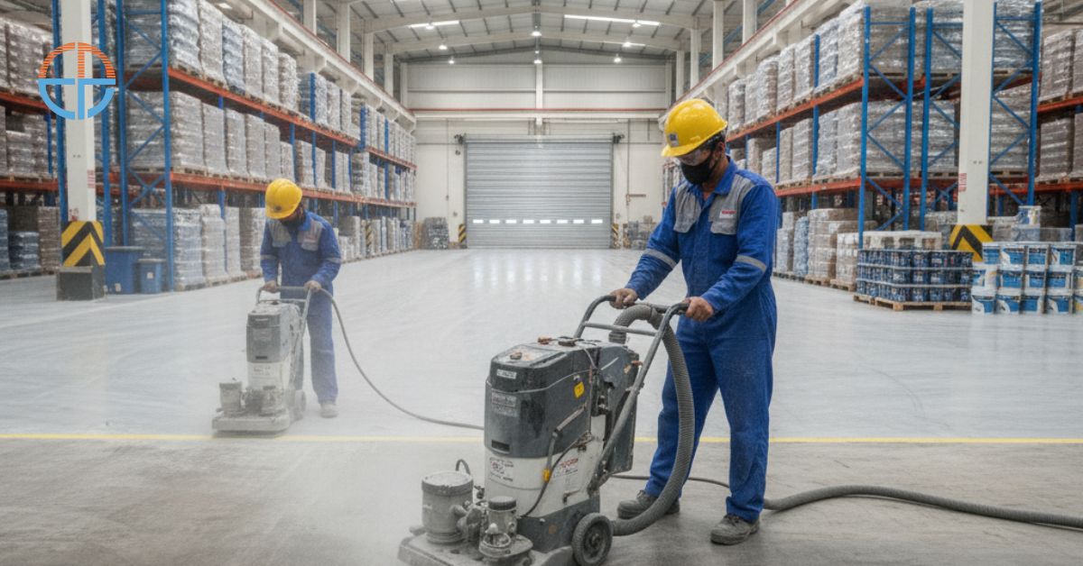 Aplikator epoxy lantai sedang melakukan grinding permukaan beton di Lembang