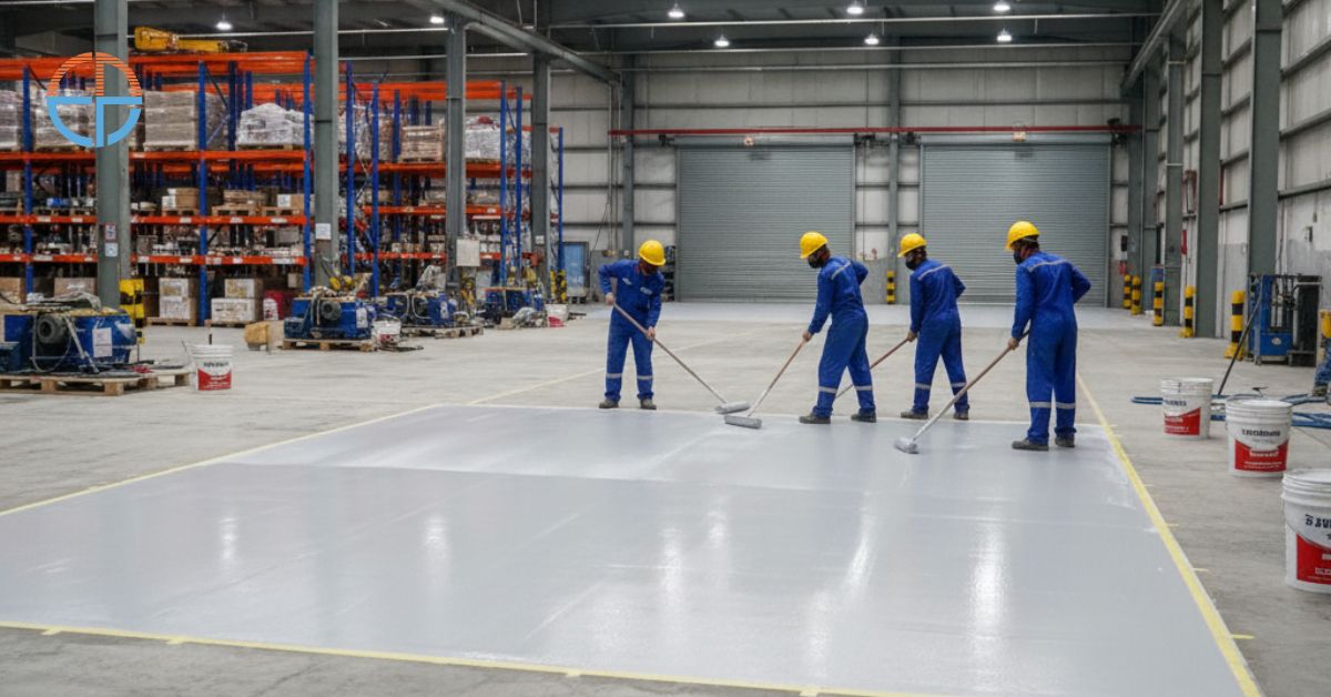 Hasil akhir lantai epoxy mengkilap di area pabrik Depok.