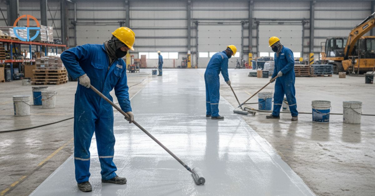Pekerja mengaplikasikan epoxy lantai di area industri Jakarta Selatan
