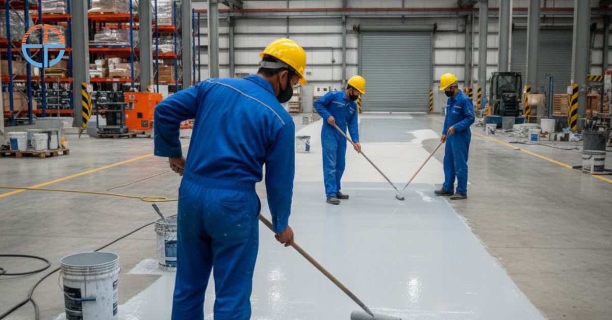 Proses pengecatan epoxy lantai di gudang kawasan Sunter Jakarta Utara