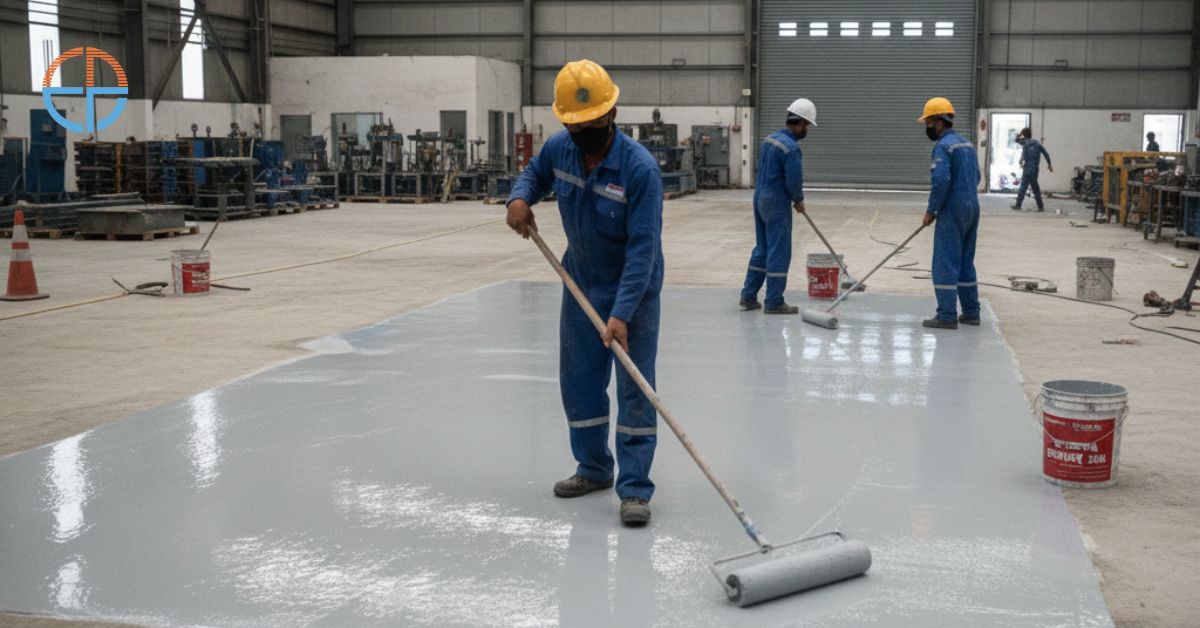 Pekerja mengaplikasikan epoxy lantai di area industri Jakarta menggunakan roller profesional.