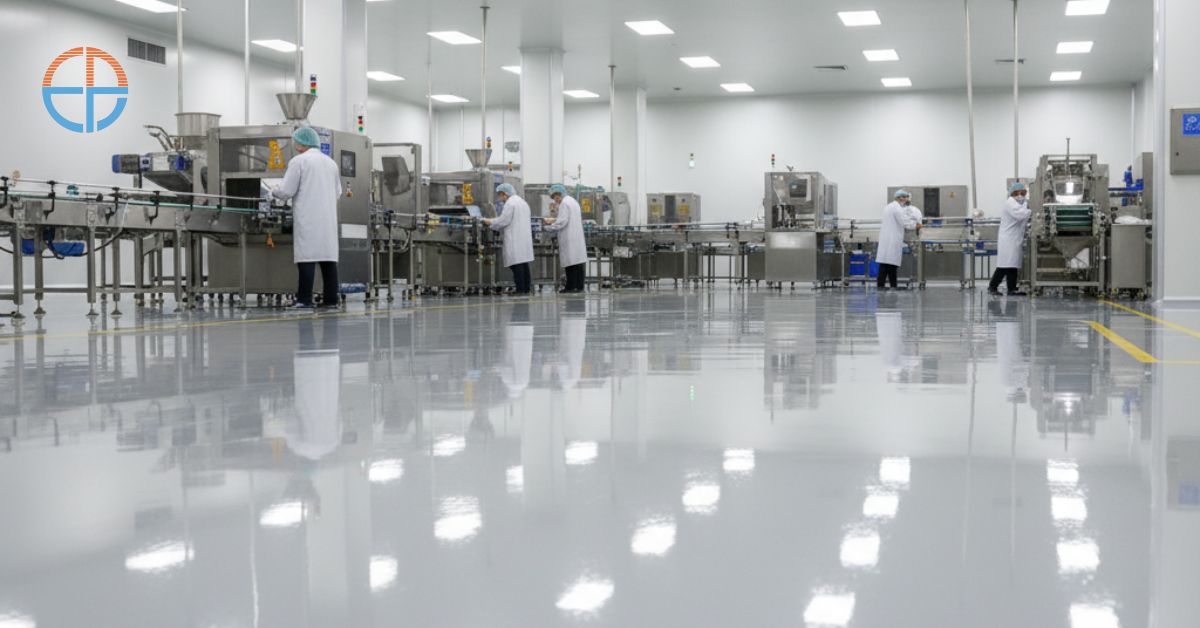 Lantai epoxy pabrik makanan di Pasuruan tampak bersih dan higienis