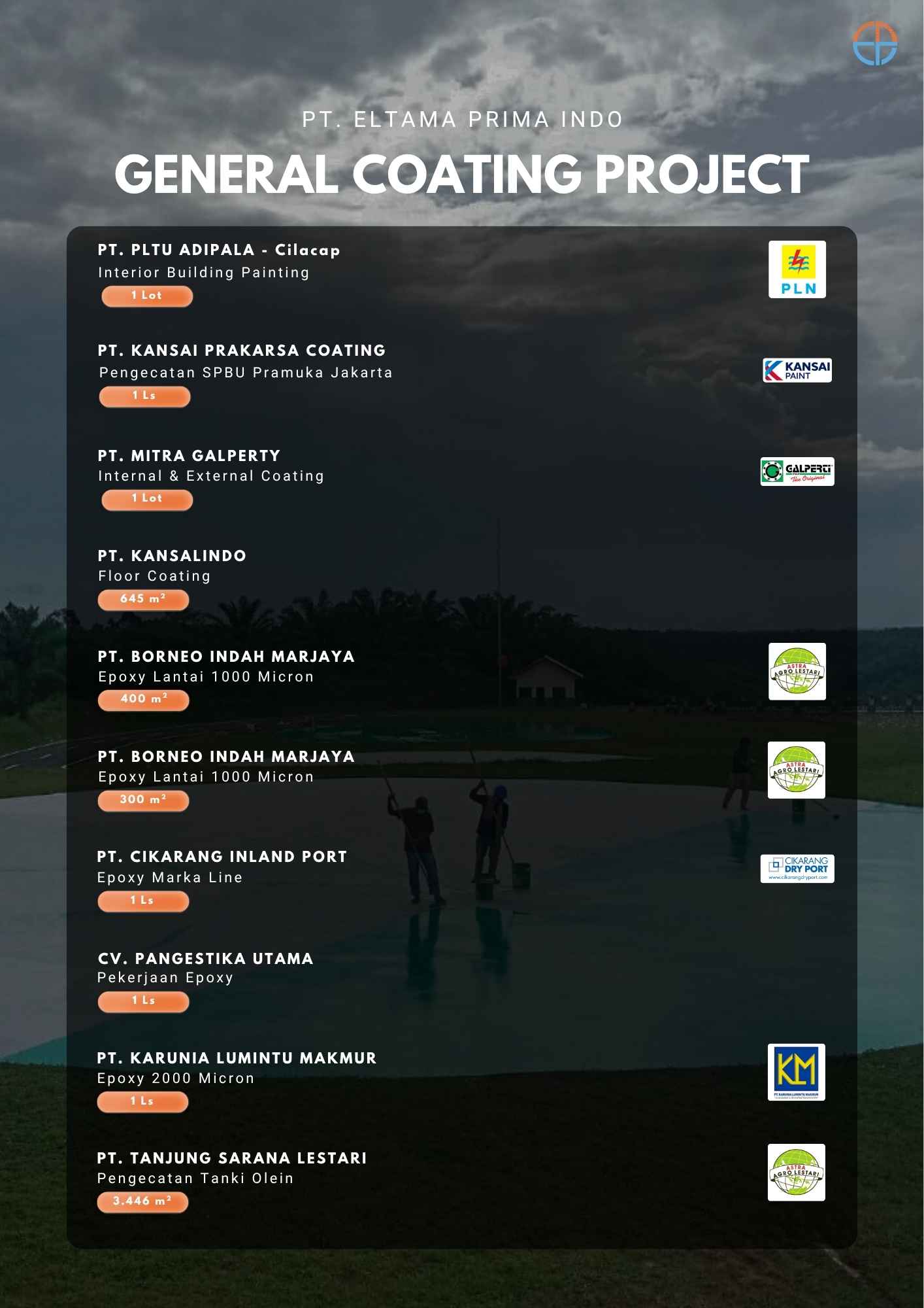 Proyek list pengecatan oleh PT Eltama Prima Indo untuk proyek PLTU Adipala, Kansai Prakarsa Coating, Mitra Galperty, Kansalindo, Borneo Indah Marjaya, Cikarang Inland Port, Pangestika Utama, Karunia Lumintu Makmur, Tanjung Sarana Lestari