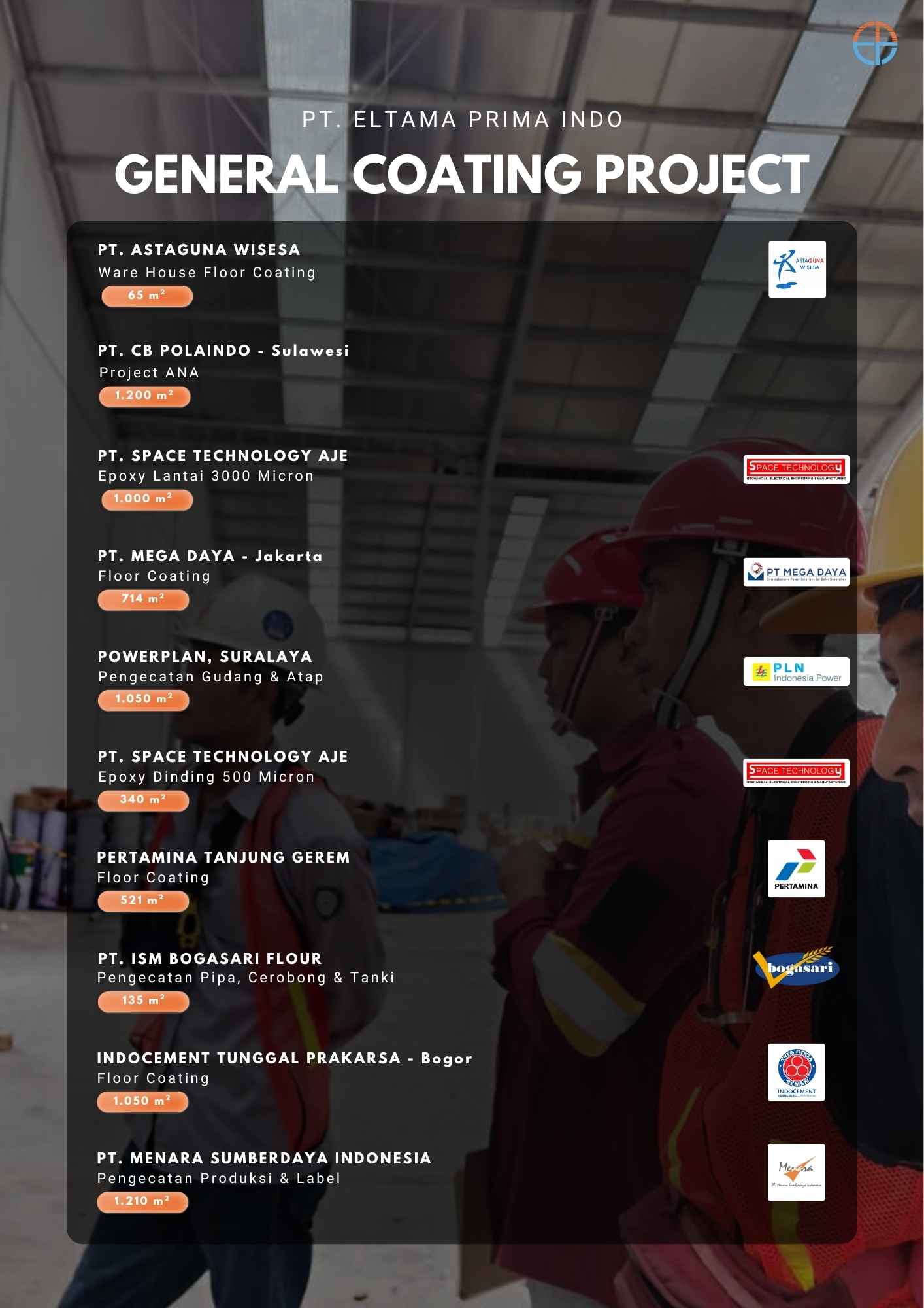 List proyek PT Eltama Prima Indo untuk proyek epoxy coating di Astaguna Wisesa, CB Polaindo, Space Technology, Mega Daya, Powerplan Suralaya, Pertamina Tanjung Gerem, ISM Bogasari Flour, Indocement Tunggal Prakarsa, Menara Sumberdaya Indonesia