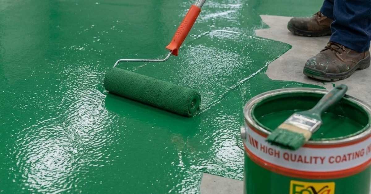 Proses aplikasi jasa epoxy waterproofing Bekasi pada lantai beton kawasan industri oleh Eltama Prima Indo menggunakan sistem epoxy lantai yang kuat dan tahan air.