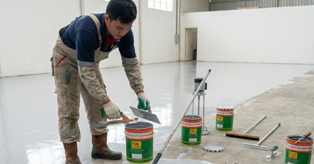 Proses aplikasi jasa epoxy waterproofing di Bogor, menampilkan teknisi mengaplikasikan epoxy lantai menggunakan produk Foxapaint untuk menghasilkan permukaan lantai yang kuat, rata, dan tahan air.