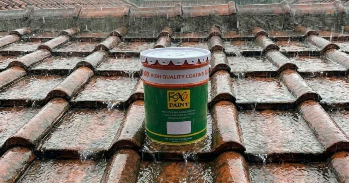 Cat waterproofing Foxapaint diletakkan di atas atap genteng yang terpapar hujan sebagai ilustrasi perlindungan anti bocor untuk bangunan dan area industri di Karawang