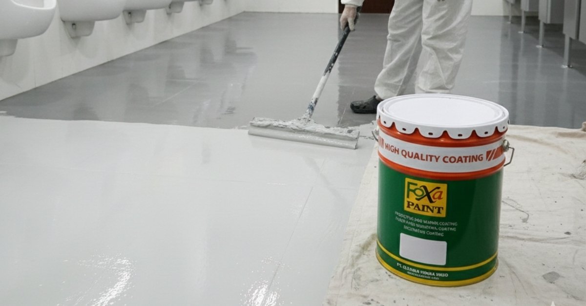 Aplikasi epoxy waterproofing Tangerang pada lantai beton menggunakan coating Foxapaint untuk perlindungan lantai yang kuat, tahan air, dan mudah dirawat.