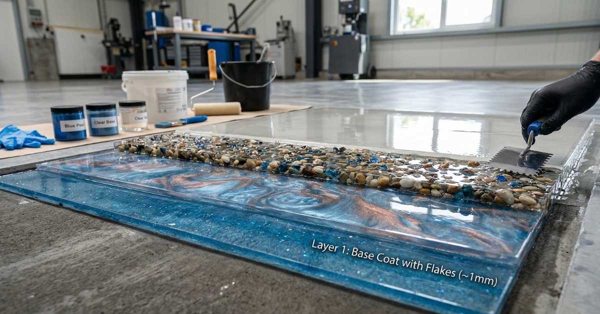 Tahap pertama sistem epoxy multilayer dengan base coat dan flake 1 mm untuk lantai industri PT Eltama Prima Indo