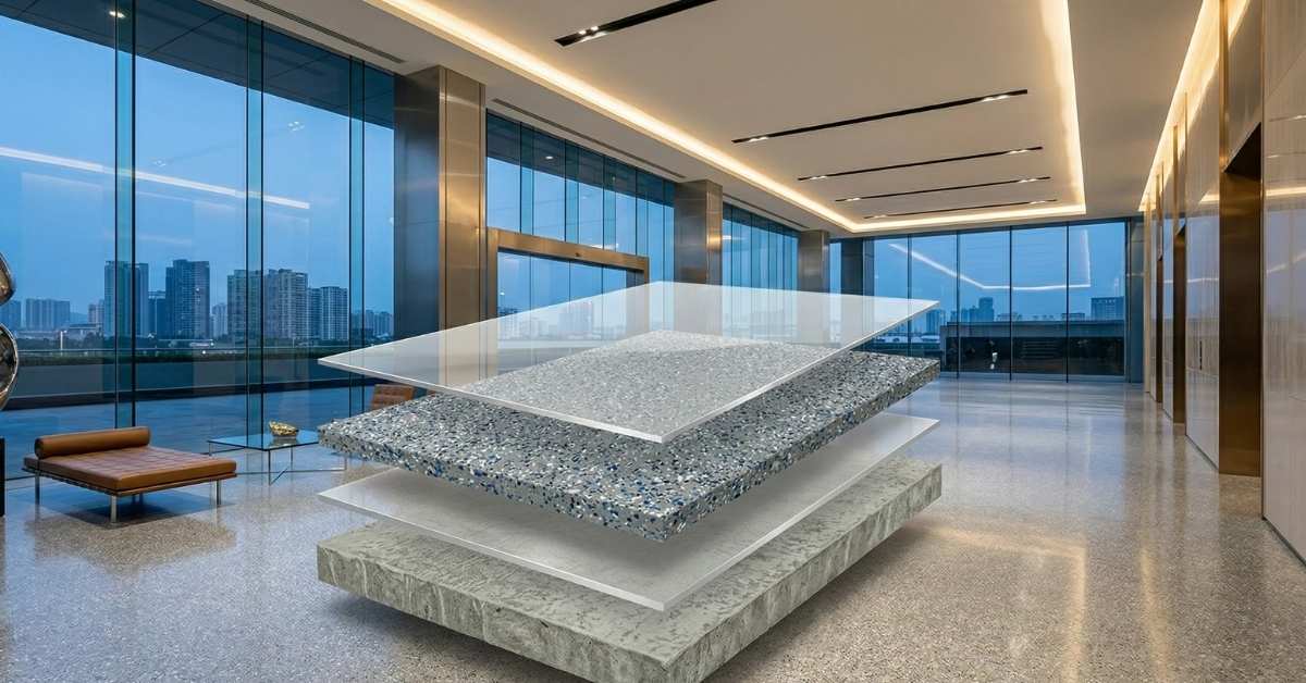 Ilustrasi struktur floor coating dekoratif terrazzo epoxy untuk area komersial high end tahan abrasi dan mudah perawatan PT Eltama Prima Indo
