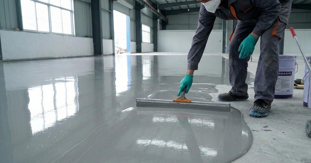 Proses aplikasi epoxy self levelling pada lantai gudang industri di Bekasi oleh PT Eltama Prima Indo