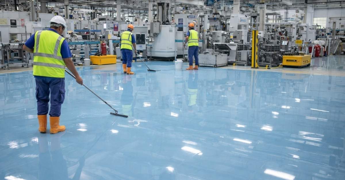 Kontraktor epoxy self levelling Karawang untuk area produksi dengan lantai tahan abrasi dan bahan kimia