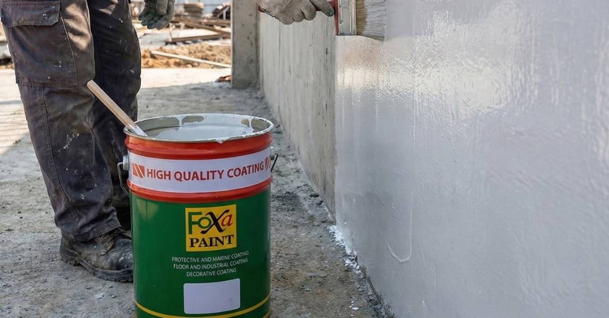 Proses aplikasi epoxy waterproofing dinding beton oleh tim Eltama Prima Indo untuk melindungi permukaan dari rembesan air dan kerusakan struktur