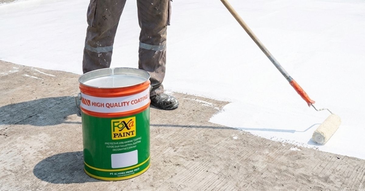 Aplikasi waterproofing lantai menggunakan Foxa Paint dengan roller di permukaan beton