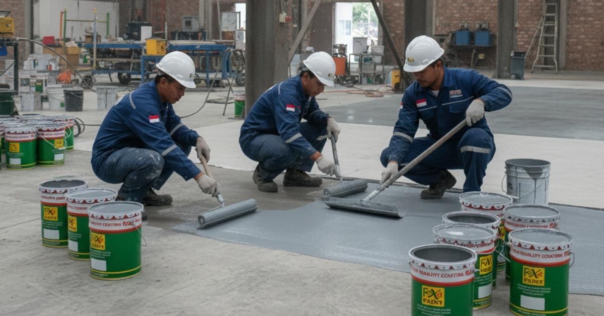 Tim teknisi Eltama Prima Indo mengerjakan epoxy waterproofing lantai beton pabrik di kawasan industri Cikarang.”