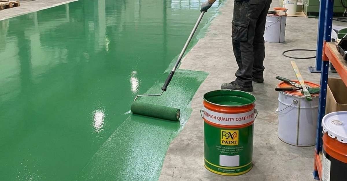 Jasa epoxy lantai industri oleh Eltama Prima Indo dengan hasil coating hijau glossy dan rapi