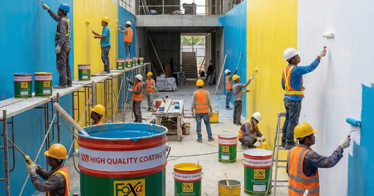 Kontraktor pengecatan bangunan komersial Eltama Prima Indo dengan tim aplikator profesional dan standar K3 proyek konstruksi