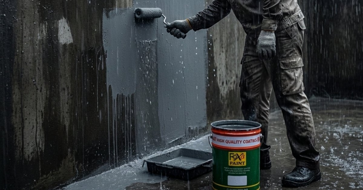 Aplikasi waterproofing dinding beton menggunakan Foxa Paint dengan roller saat kondisi basah.