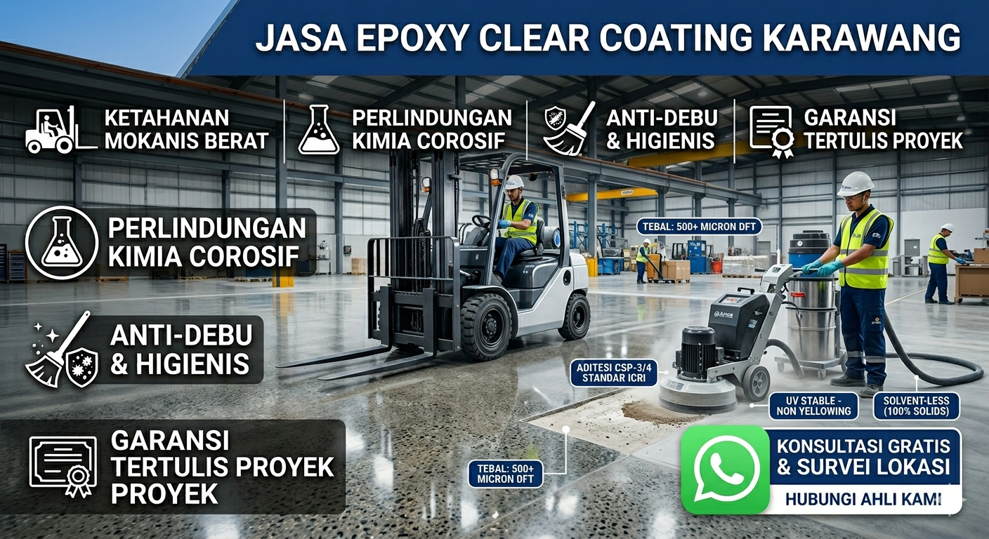 Infografis Jasa Epoxy Clear Coating Karawang dari Eltama Prima Indo, menampilkan latar belakang gudang dengan lantai beton mengkilap, alat berat forklift, dan pekerja yang mengoperasikan mesin poles lantai. Di bagian kiri terdapat panel fitur utama: "KETAHANAN MECHANIS BERAT" dengan ikon forklift, "PERLINDUNGAN KIMIA COROSIF" dengan ikon tabung reaksi, "ANTI-DEBU & HIGIENIS" dengan ikon sapu, dan "GARANSI TERTULIS PROYEK" dengan ikon sertifikat. Judul besar di bagian atas bertuliskan "JASA EPOXY CLEAR COATING KARAWANG". Terdapat juga keterangan teknis seperti "TEBAL: 500+ MICRON DFT", "ADITESI CSP-3/4 STANDAR ICRI", "UV STABLE - NON YELLOWING", dan "SOLVENT-LESS (100% SOLIDS)". Di sudut kanan bawah terdapat logo WhatsApp besar dengan teks "KONSULTASI GRATIS & SURVEI LOKASI" dan "HUBUNGI AHLI KAMI".