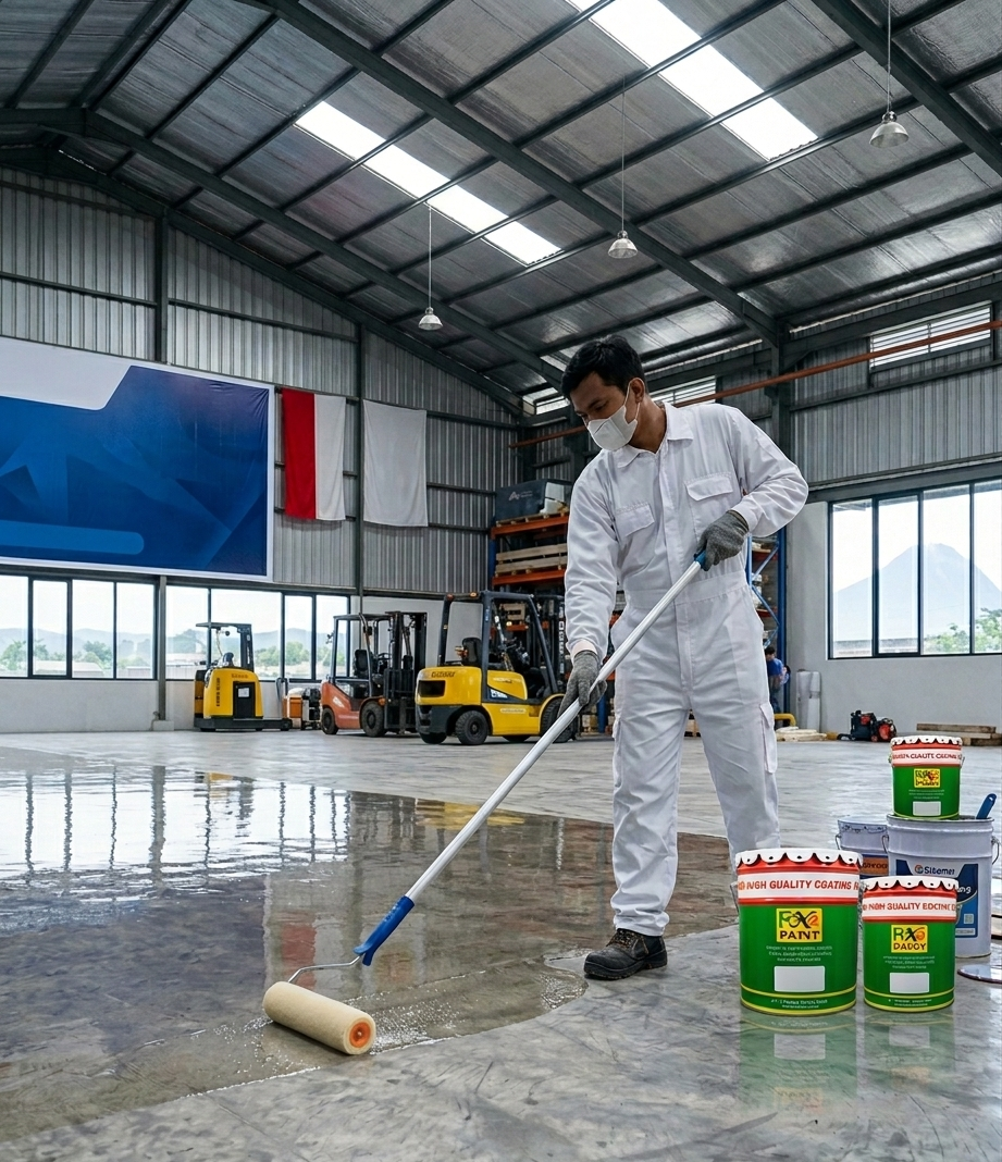 Teknisi dengan wearpack putih sedang mengaplikasikan epoxy clear coating menggunakan roller pada lantai beton gudang yang luas, didampingi beberapa ember cat Foxapaint.