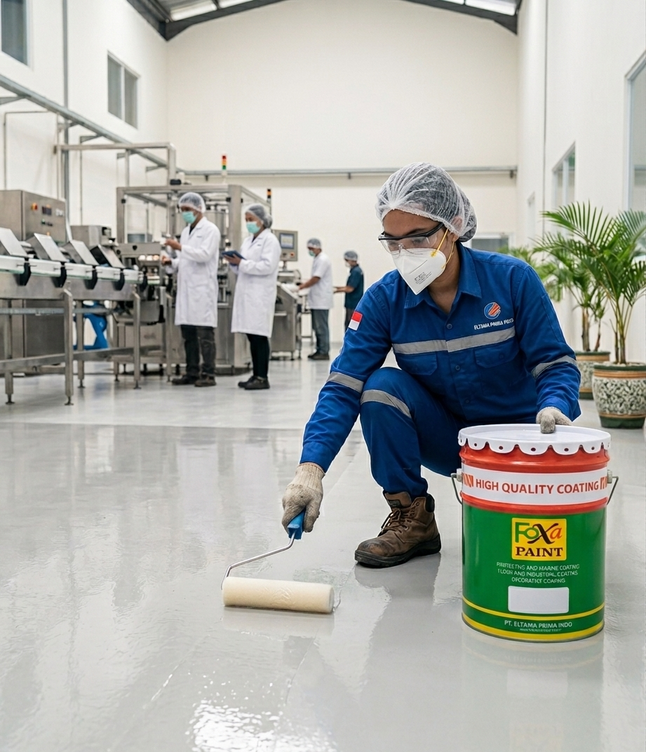 Wanita yang sedang mengaplikasikan cat epoxy ke lantai