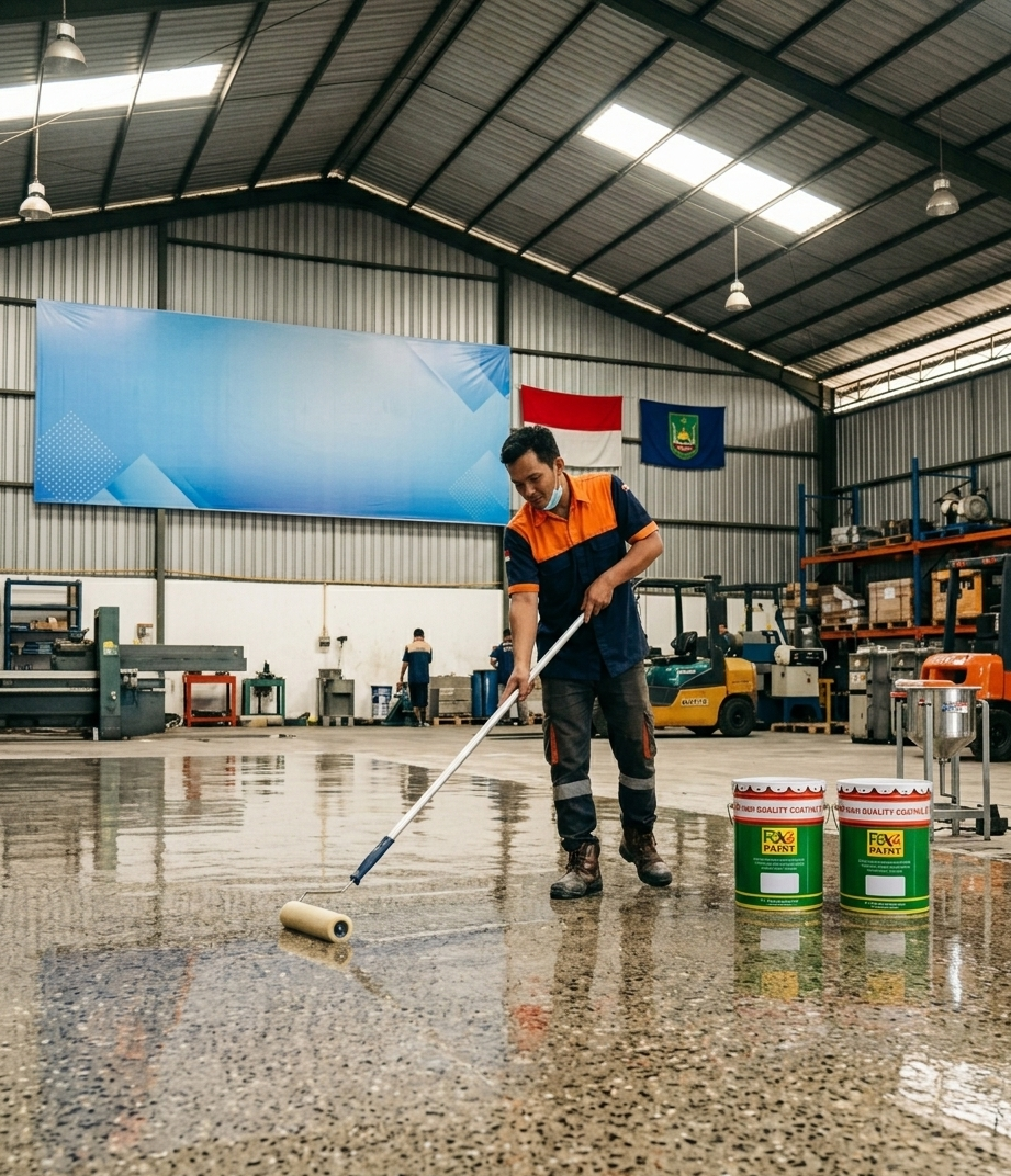 Pria mengaplikasikan pelapis epoxy pada lantai gudang industri yang dipoles
