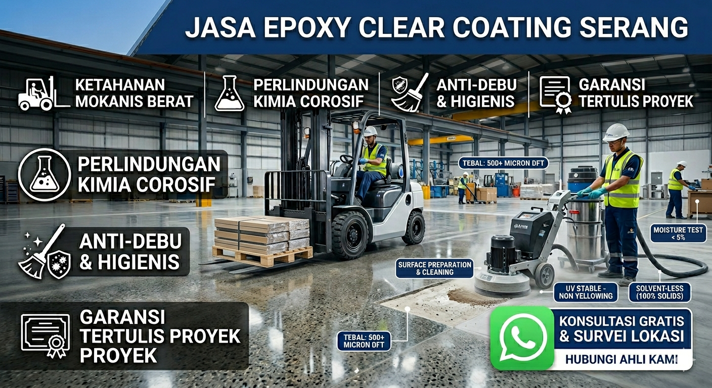 Infografis Jasa Epoxy Clear Coating Serang oleh Eltama Prima Indo, menampilkan suasana gudang modern dengan lantai beton mengkilap, forklift yang sedang beroperasi, dan pekerja yang melakukan persiapan permukaan. Gambar menyertakan logo WhatsApp dan teks Call To Action (CTA) untuk "KONSULTASI GRATIS & SURVEI LOKASI". Empat ikon manfaat utama ditampilkan di sisi kiri: Ketahanan Mekanis Berat, Perlindungan Kimia Korosif, Anti-Debu & Higienis, dan Garansi Tertulis Proyek. Label data teknis diletakkan pada visual untuk menyoroti spesifikasi seperti ketebalan micron dan standar ICRI.