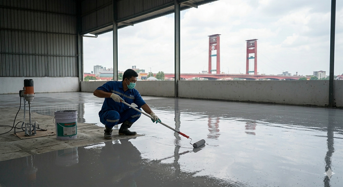 Seorang pria berkaus biru, celana jins, sarung tangan hijau, dan masker wajah medis tampak berjongkok di lantai beton kelabu. Di latar belakang terdapat dermaga dengan dua menara logam merah besar.