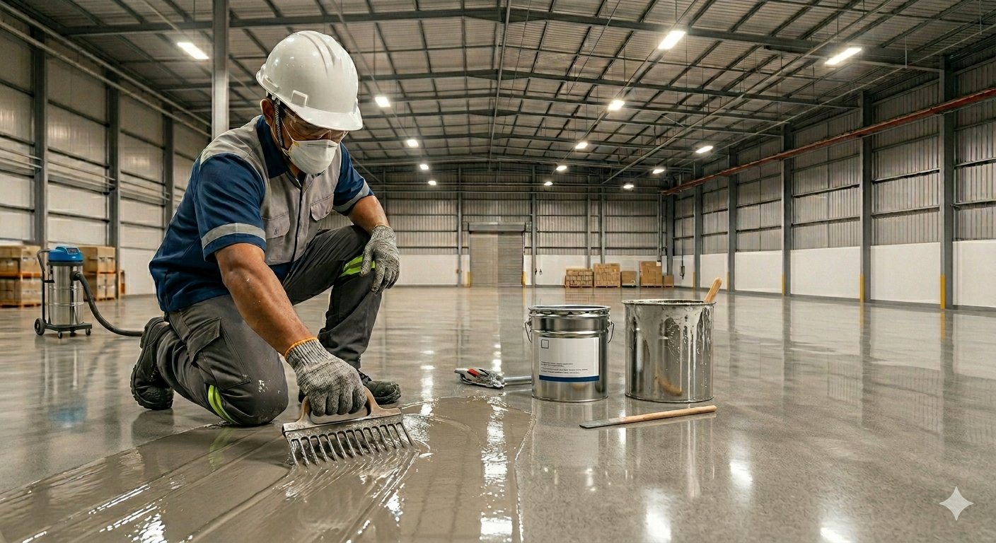 seorang pekerja aplikator profesional mengenakan APD lengkap (helm putih, masker, dan sarung tangan) sedang mengaplikasikan material epoxy clear coating pada lantai beton gudang menggunakan alat trowel bergerigi secara detail, dengan latar belakang area industri yang luas dan bersih.