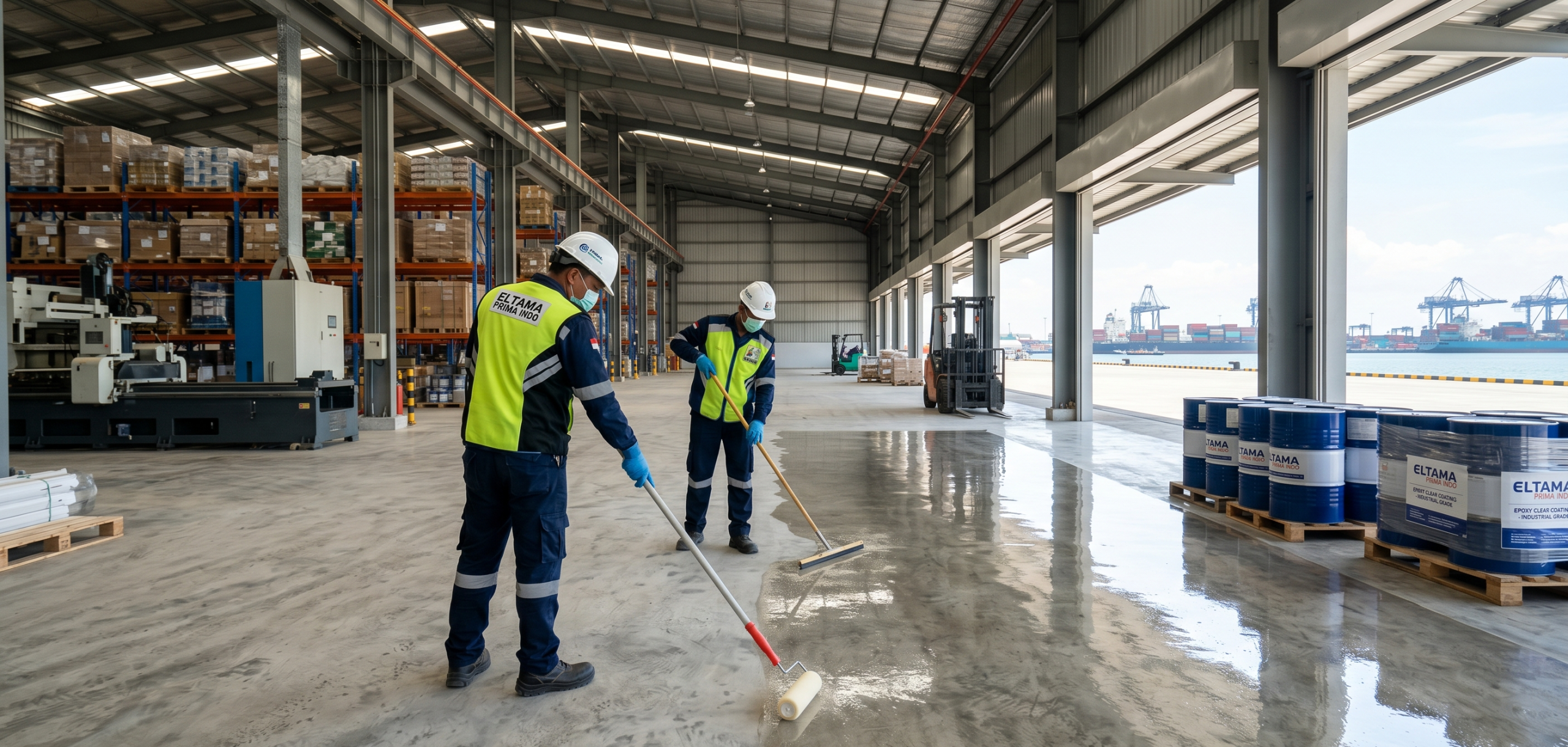 Dua petugas aplikator profesional dengan seragam keselamatan lengkap sedang mengaplikasikan pelapis epoxy bening pada lantai beton di sebuah gudang industri yang luas. Satu pekerja menggunakan rol panjang untuk meratakan cairan coating, sementara rekannya menggunakan alat perata lantai. Permukaan lantai yang sudah dilapisi tampak sangat mengkilap dan memantulkan cahaya dengan jelas. Di sisi kanan, terdapat tumpukan drum cat berwarna biru dengan label Eltama Prima Indo. Latar belakang memperlihatkan pintu gudang yang terbuka lebar, menghadap ke arah pelabuhan dengan pemandangan kapal kontainer dan crane raksasa di bawah langit cerah