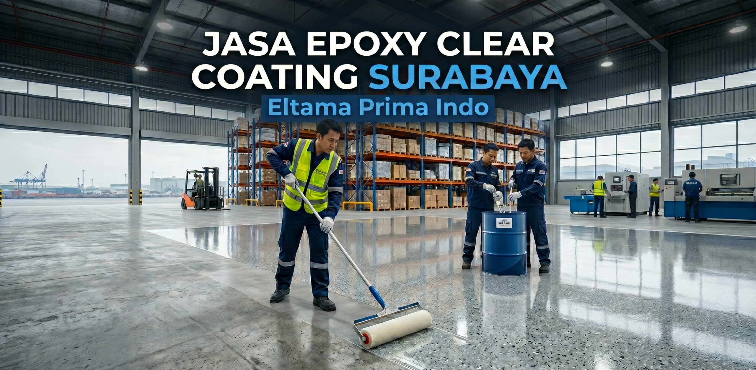Tiga pekerja gudang mengaplikasikan pelapis lantai epoxy mengkilap di dalam gudang industri besar.