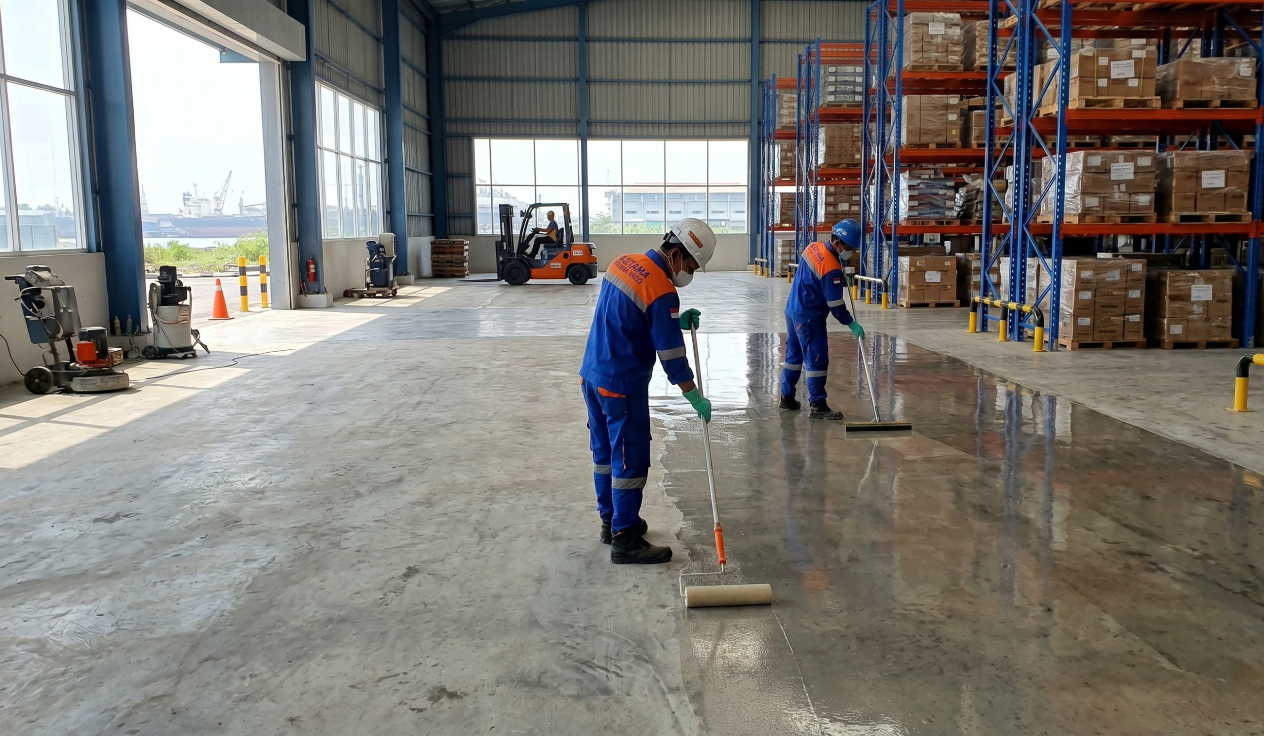 Dua pekerja dengan perlengkapan keselamatan lengkap mengaplikasikan pelapis epoxy bening mengkilap ke lantai gudang industri besar menggunakan rol besar. Di latar belakang terdapat rak palet tinggi penuh kotak dan pintu terbuka yang menghadap dermaga pelabuhan dengan peti kemas. Lantai yang sedang dikerjakan terlihat basah dan reflektif. Teks di gambar bertuliskan 'JASA EPOXY CLEAR COATING MEDAN', 'ELTAMA PRIMA INDO', dan 'PROTESKI LANTAI INDUSTRI TERBAIK. TAHAN ABRASI & KIMIA. KONSULTASI WA