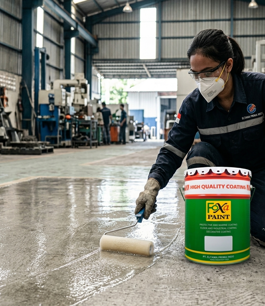 Wanita yang sedang mengaplikasikan cat epoxy di Makassar